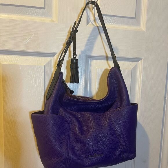 Cole Haan Purple Leather medium Shoulder Bag with black strap and tassel accent - Picture 1 of 13